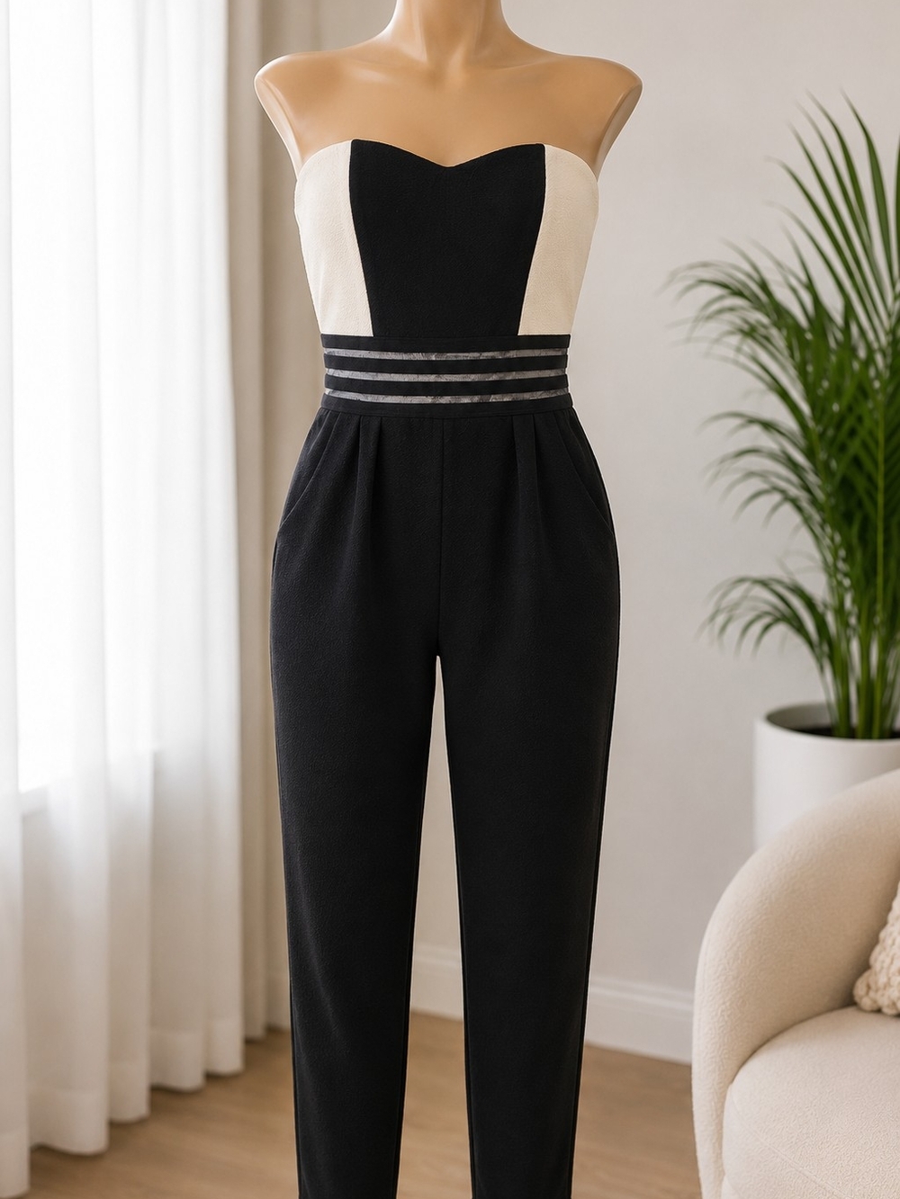 Black & White Strapless Jumpsuit | Chic Wide Waist Detail | Size M